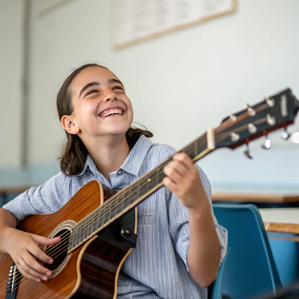 smiling student with a guitar
